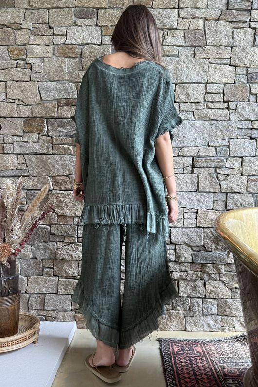 Rustic Nature Bubble Cotton Raw Frill Top Washed Moss