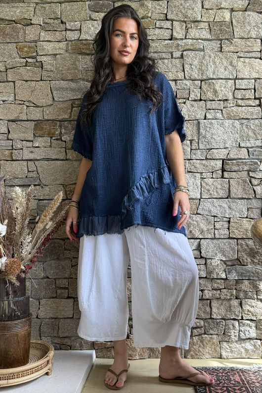 Rustic Nature Bubble Cotton Raw Frill Top Washed Navy