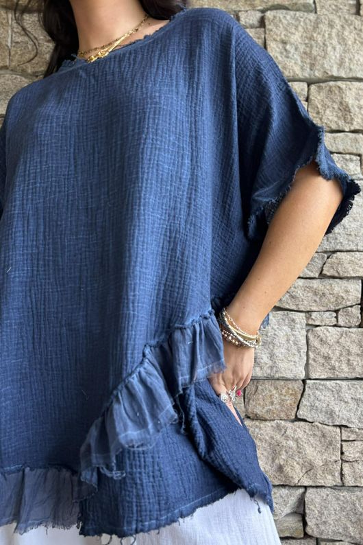 Rustic Nature Bubble Cotton Raw Frill Top Washed Navy