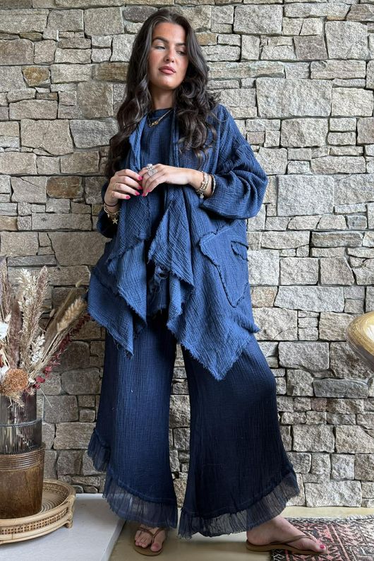 Rustic Nature Bubble Cotton Raw Frill Top Washed Navy