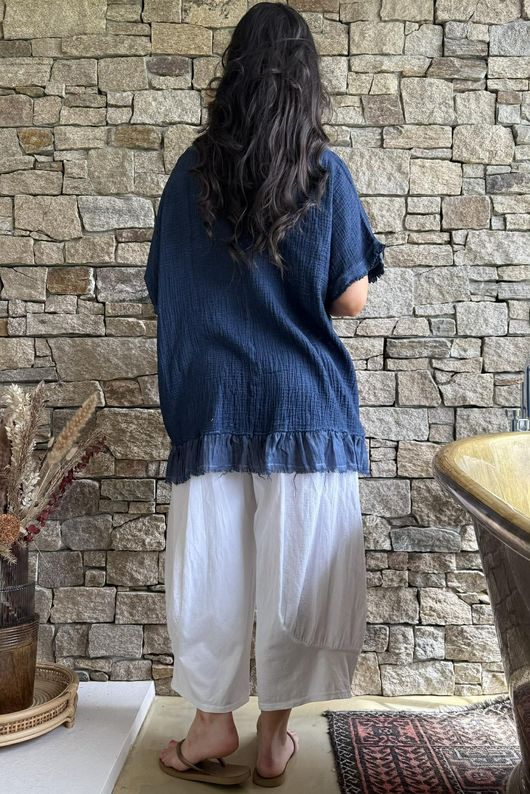 Rustic Nature Bubble Cotton Raw Frill Top Washed Navy