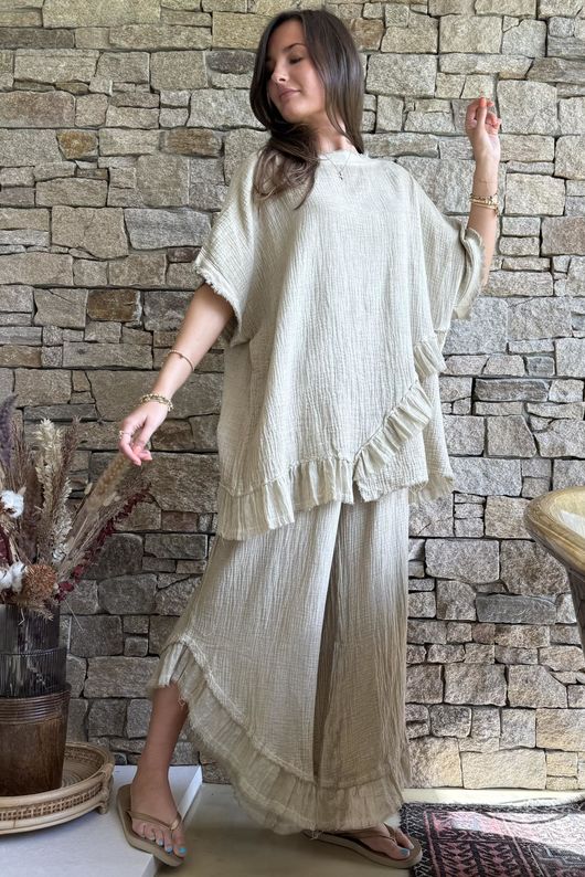 Rustic Nature Bubble Cotton Raw Frill Top Washed Oat