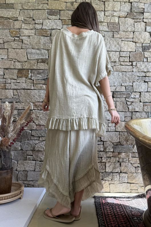 Rustic Nature Bubble Cotton Raw Frill Top Washed Oat