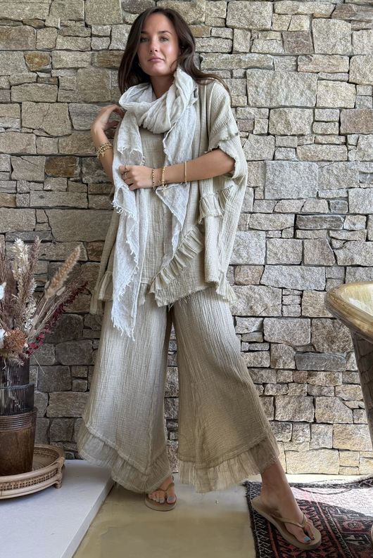 Rustic Nature Bubble Cotton Raw Frill Top Washed Oat