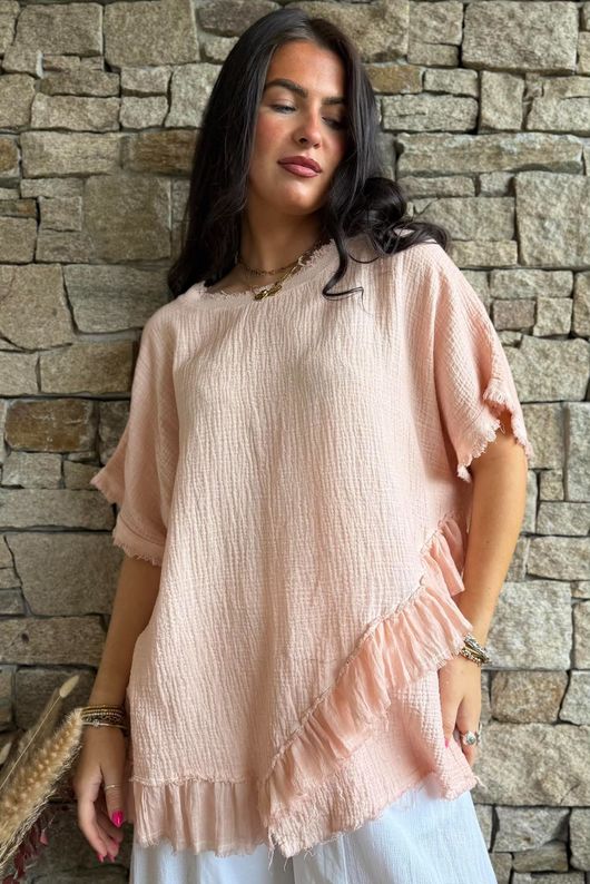 Rustic Nature Bubble Cotton Raw Frill Top Washed Peachy Nude