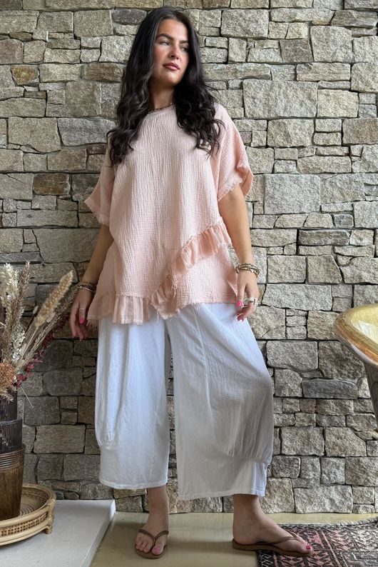 Rustic Nature Bubble Cotton Raw Frill Top Washed Peachy Nude