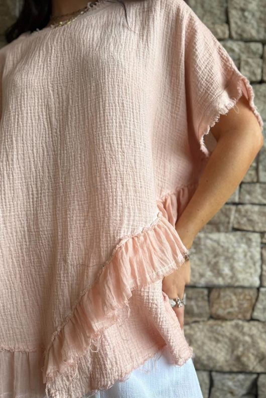 Rustic Nature Bubble Cotton Raw Frill Top Washed Peachy Nude