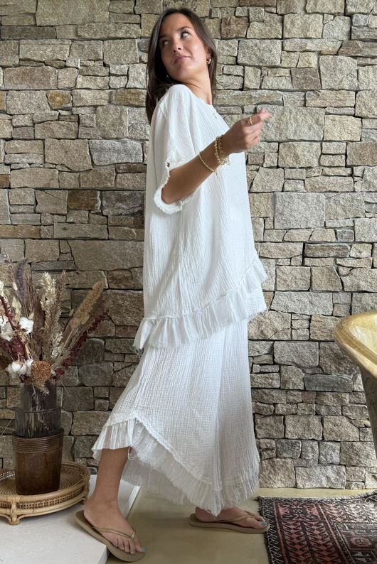 Rustic Nature Bubble Cotton Raw Frill Top White
