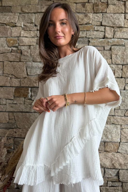 Rustic Nature Bubble Cotton Raw Frill Top White