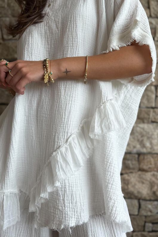 Rustic Nature Bubble Cotton Raw Frill Top White