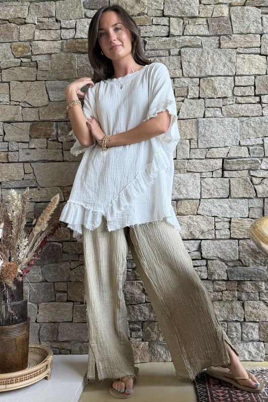 Rustic Nature Bubble Cotton Raw Frill Top White