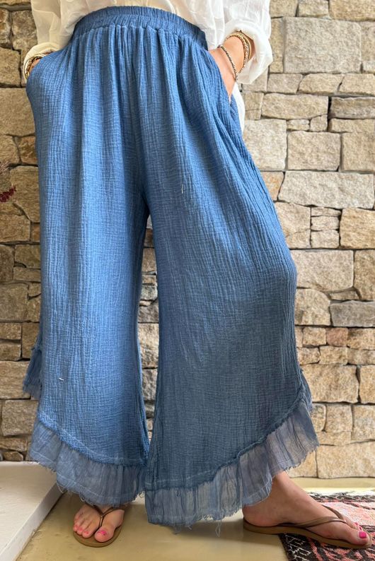 Rustic Nature Bubble Cotton Slant Frill Pant Washed Denim