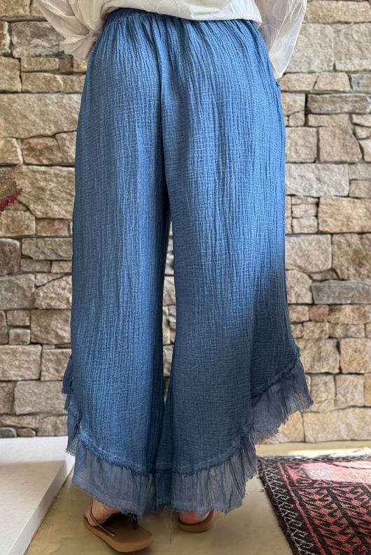 Rustic Nature Bubble Cotton Slant Frill Pant Washed Denim