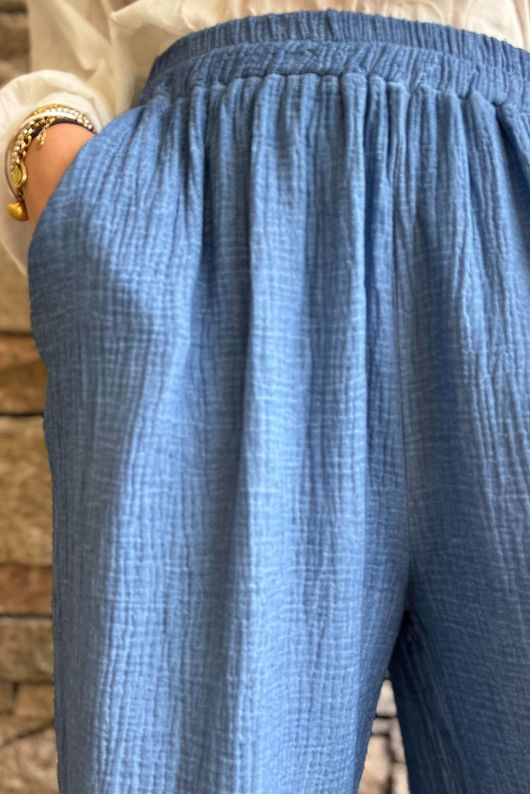 Rustic Nature Bubble Cotton Slant Frill Pant Washed Denim