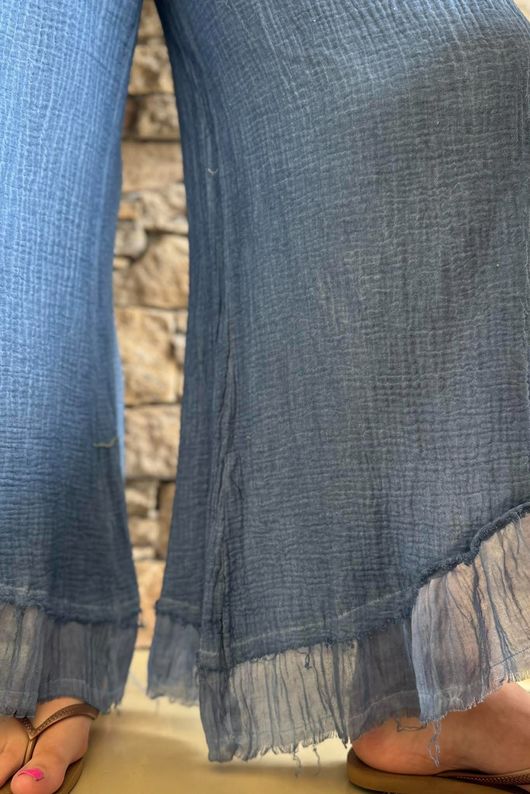 Rustic Nature Bubble Cotton Slant Frill Pant Washed Denim