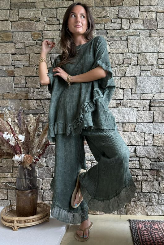 Rustic Nature Bubble Cotton Slant Frill Pant Washed Moss