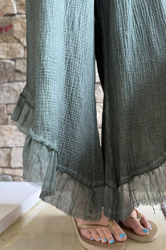 Rustic Nature Bubble Cotton Slant Frill Pant Washed Moss
