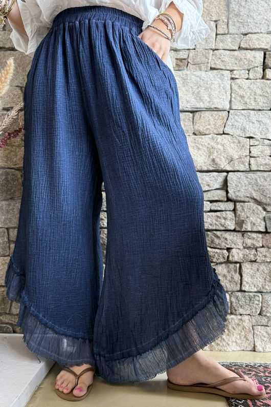 Rustic Nature Bubble Cotton Slant Frill Pant Washed Navy