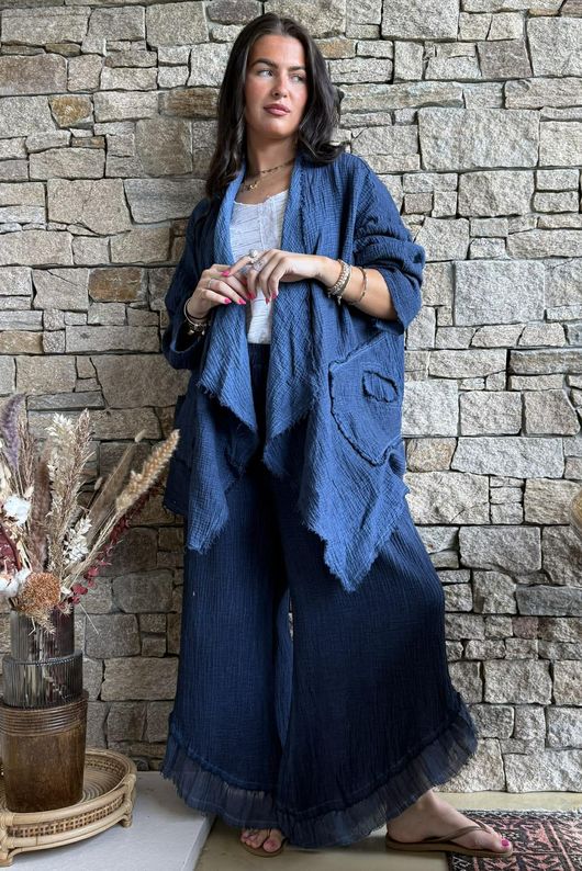 Rustic Nature Bubble Cotton Slant Frill Pant Washed Navy