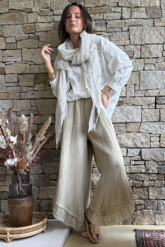 Rustic Nature Bubble Cotton Slant Frill Pant Washed Oat