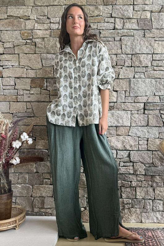 Rustic Nature Bubble Cotton Split Kick Pant Washed Moss