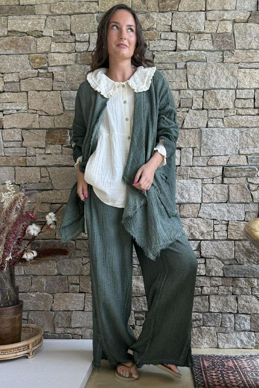 Rustic Nature Bubble Cotton Split Kick Pant Washed Moss