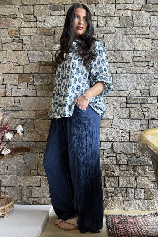 Rustic Nature Bubble Cotton Split Kick Pant Washed Navy