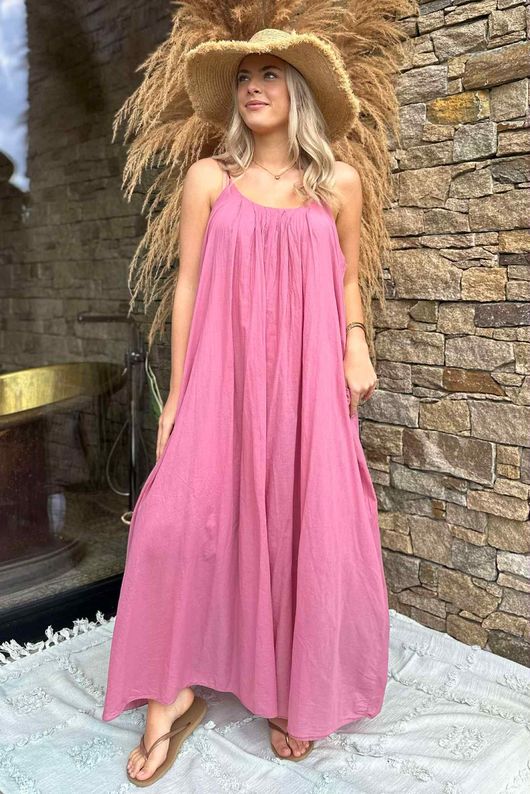 Sa Caleta Cotton Pocketed Shoe String Maxi Dress Indian Pink