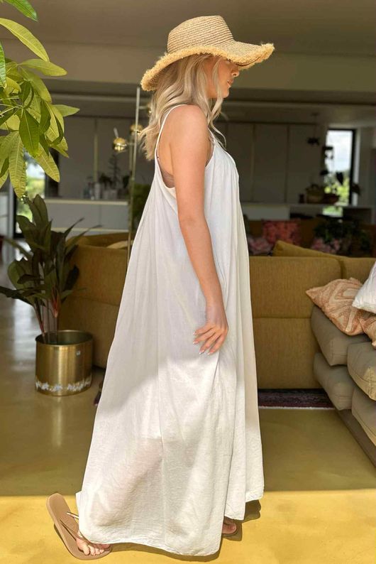 Sa Caleta Cotton Pocketed Shoe String Maxi Dress Stone