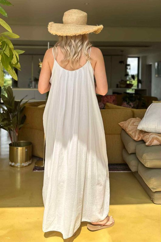 Sa Caleta Cotton Pocketed Shoe String Maxi Dress Stone