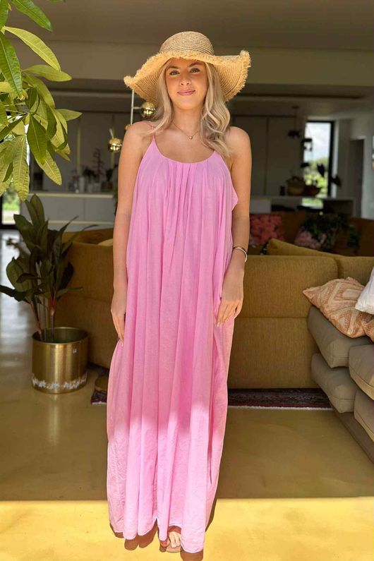 Sa Caleta Cotton Pocketed Shoe String Maxi Dress Sugar -