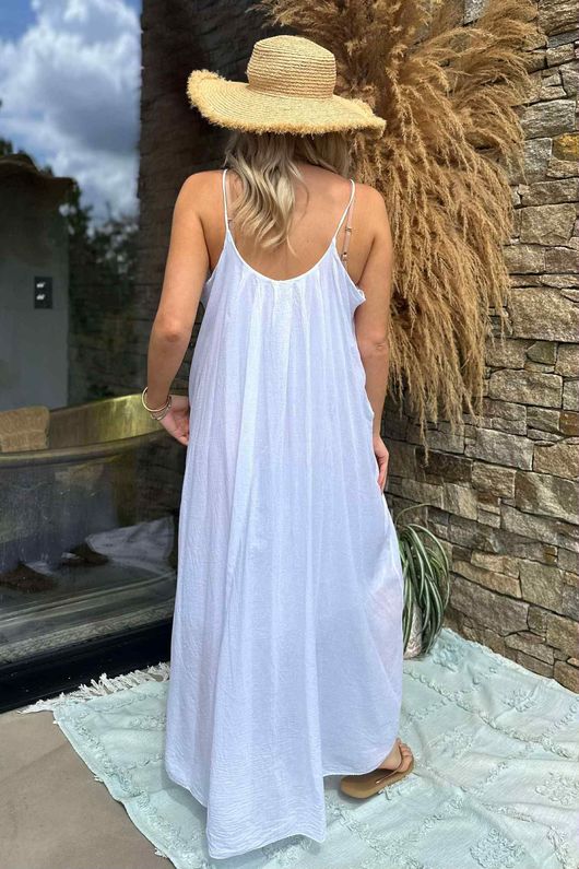 Sa Caleta Cotton Pocketed Shoe String Maxi Dress White