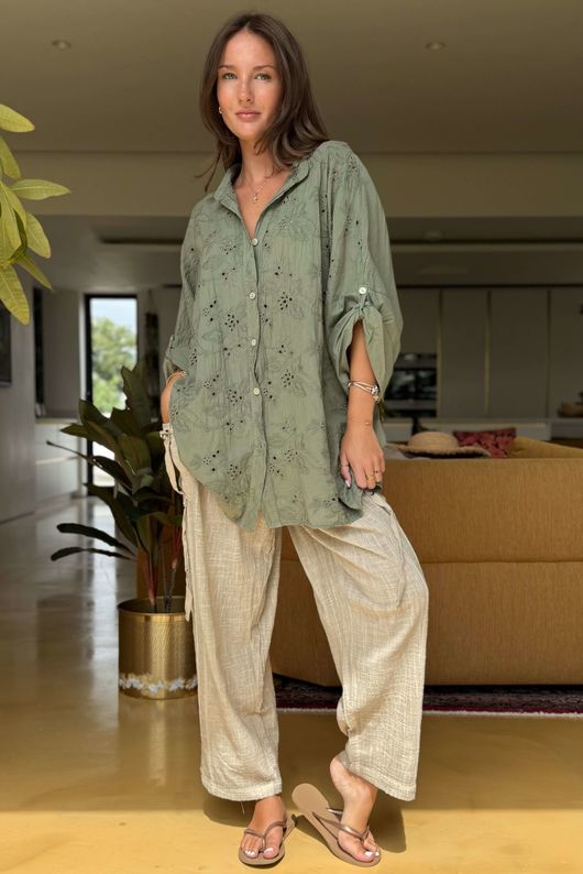 Sa Caleta Fleur Pure Cotton Shirt Khaki