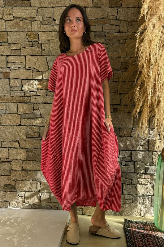 Salcombe Chalk Stripe Cotton Cocoon Dress Chilli