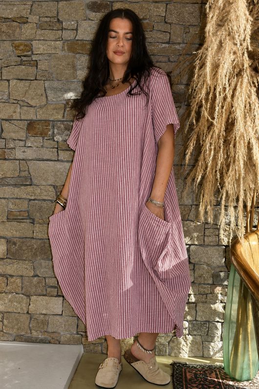 Salcombe Chalk Stripe Cotton Cocoon Dress Indian Pink