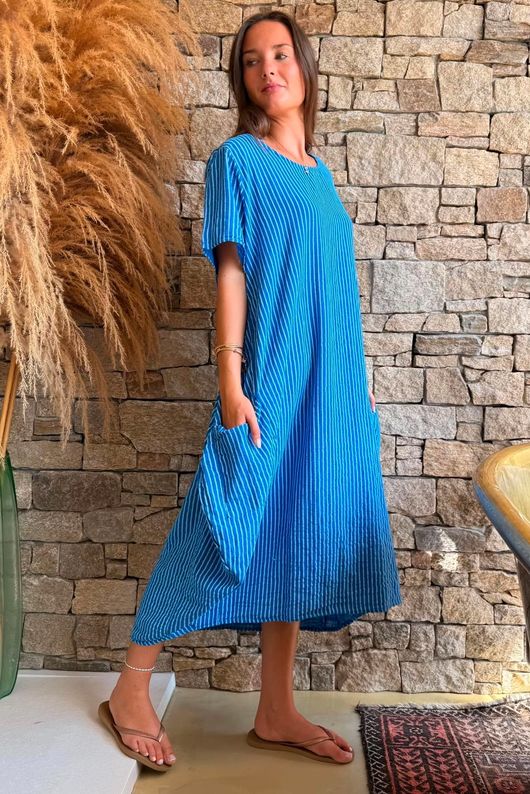 cotton cocoon dress Salcombe Chalk Stripe Malibu Blue Chalk stripe Color:Danube white christmas dress Coastal Wedding Dress Beach Two side pockets