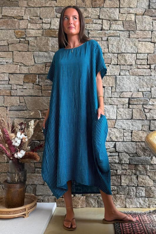 Salcombe Chalk Stripe Cotton Cocoon Dress Ocean Teal