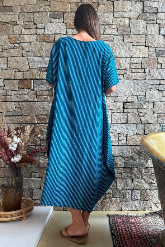 Salcombe Chalk Stripe Cotton Cocoon Dress Ocean Teal