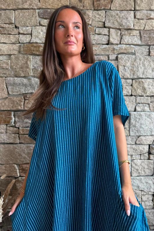 Salcombe Chalk Stripe Cotton Cocoon Dress Ocean Teal