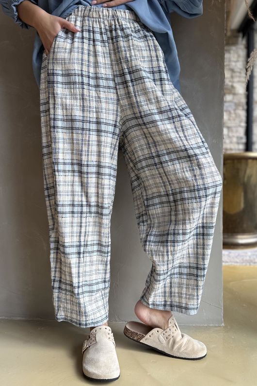 Santa Fe Check Relaxed Barrel Pant Baby Blue