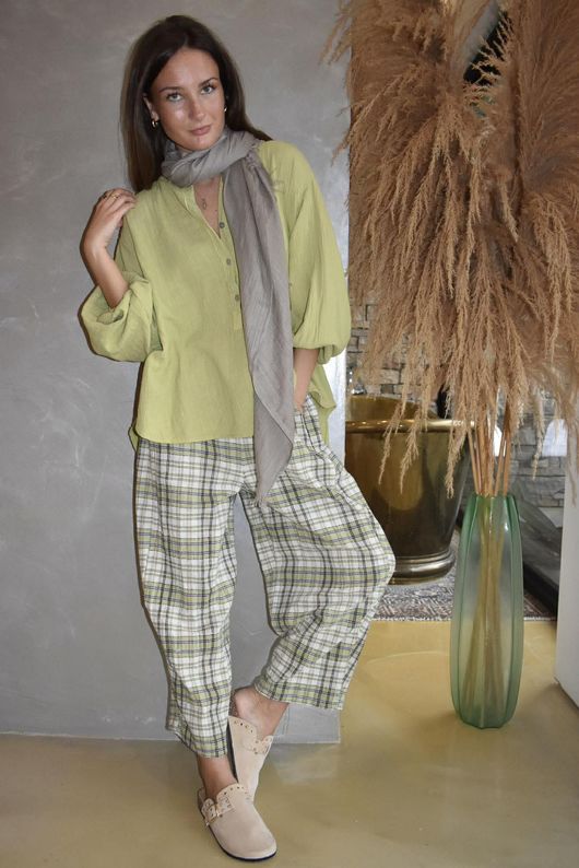 Santa Fe Check Relaxed Barrel Pant Olive
