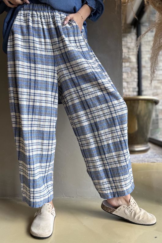 Santa Fe Check Relaxed Barrel Pant Soft Cobalt