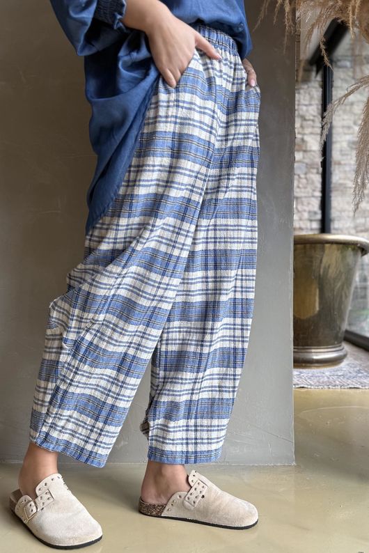 Santa Fe Check Relaxed Barrel Pant Soft Cobalt