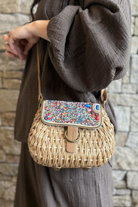 Sardinia Beaded Raffia Crossbody Bag Dark