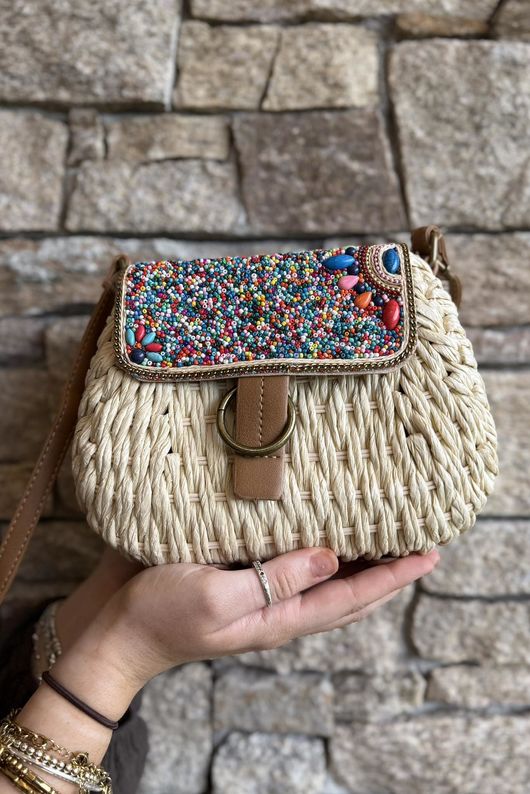 Sardinia Beaded Raffia Crossbody Bag Light