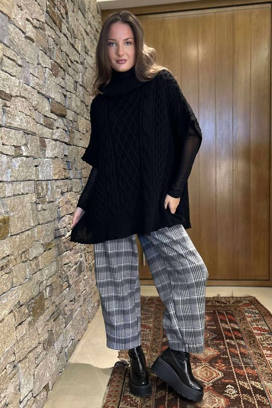 Prince of Wales Check Scuba Stretch Barrel Pant Black