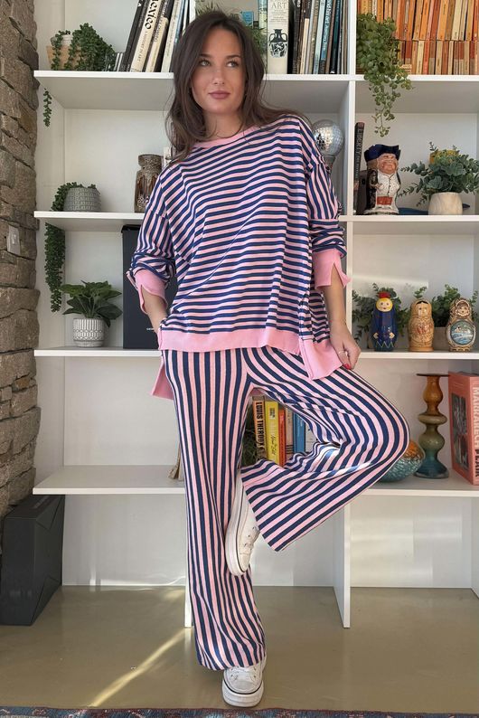 Shoreditch Stripe Lounge Flare Trouser Navy & Sweetpea **