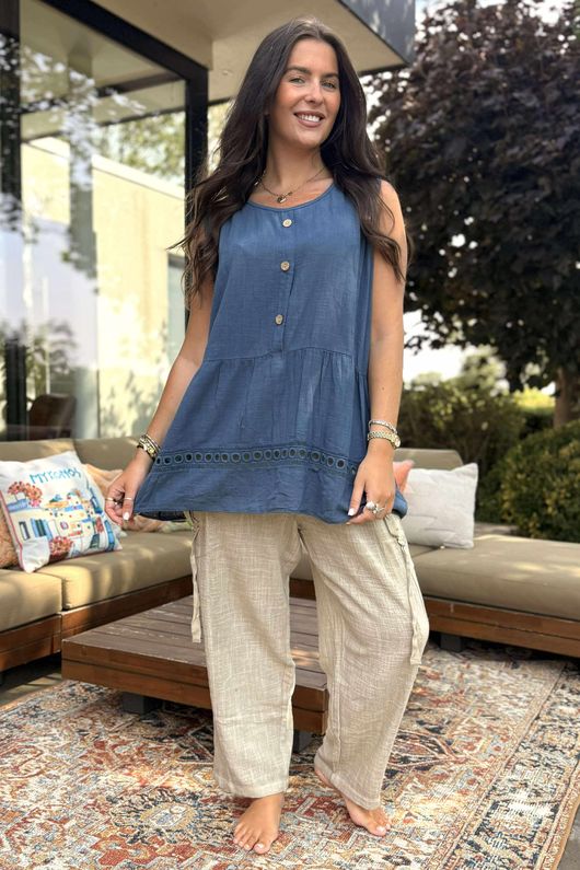 Sicily Pure Cotton Button Tiered Tank Top Dark Denim /31 =