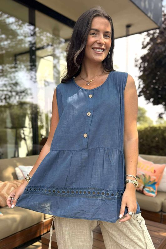 Sicily Pure Cotton Button Tiered Tank Top Dark Denim /30 = 