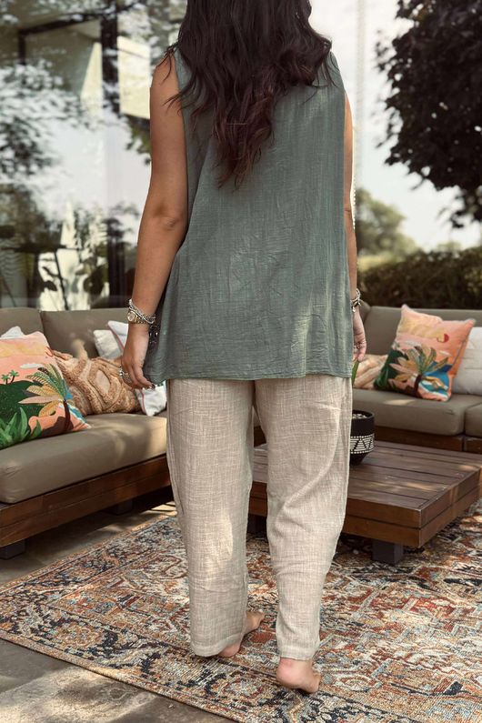 Sicily Pure Cotton Button Tiered Tank Top Khaki /11 =